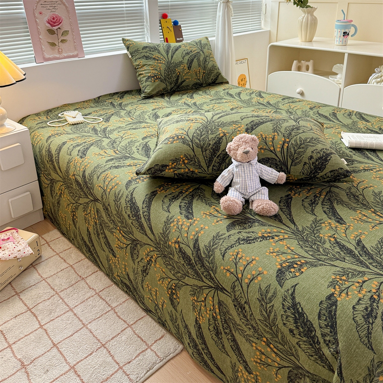 91家纺网 家纺一手货源 找家纺 名兮家居 2025秋冬新款100%全棉纯棉磨毛单床单 床单单件 繁叶流金-绿