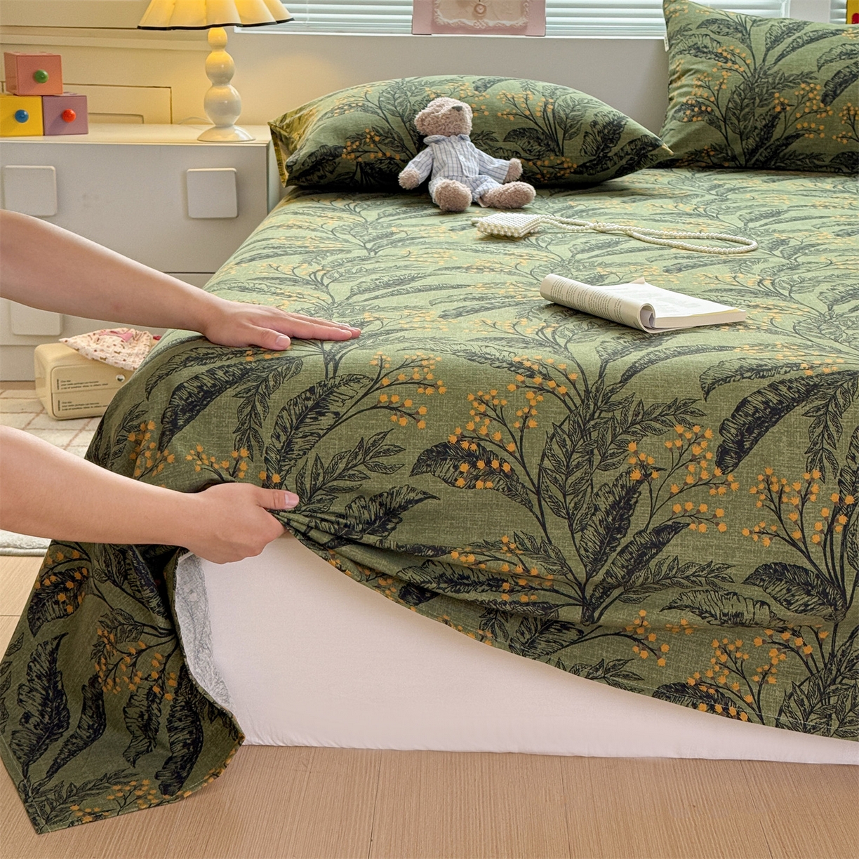 91家纺网 家纺一手货源 找家纺 名兮家居 2025秋冬新款100%全棉纯棉磨毛单床单 床单单件 繁叶流金-绿