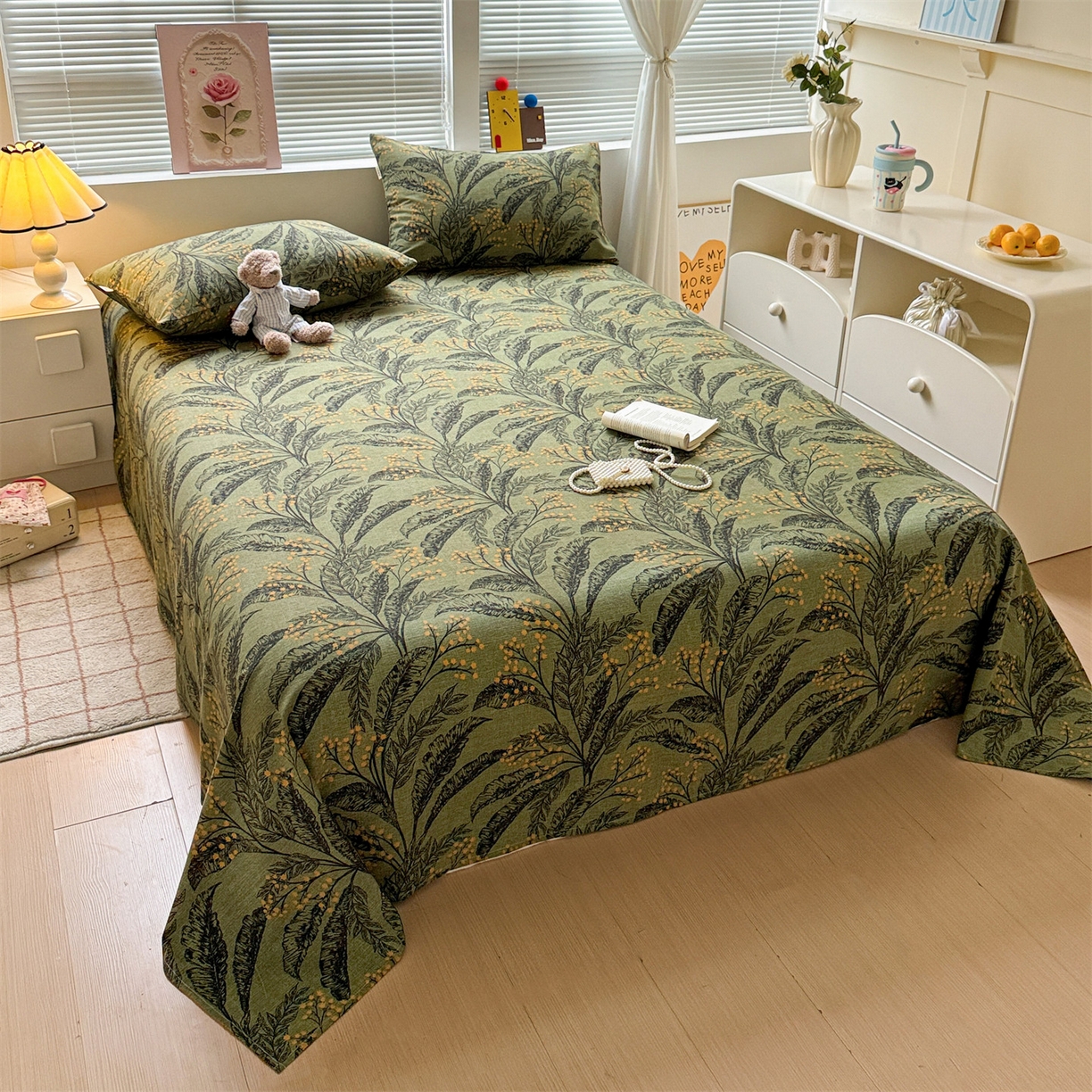 91家纺网 家纺一手货源 找家纺 名兮家居 2025秋冬新款100%全棉纯棉磨毛单床单 床单单件 繁叶流金-绿