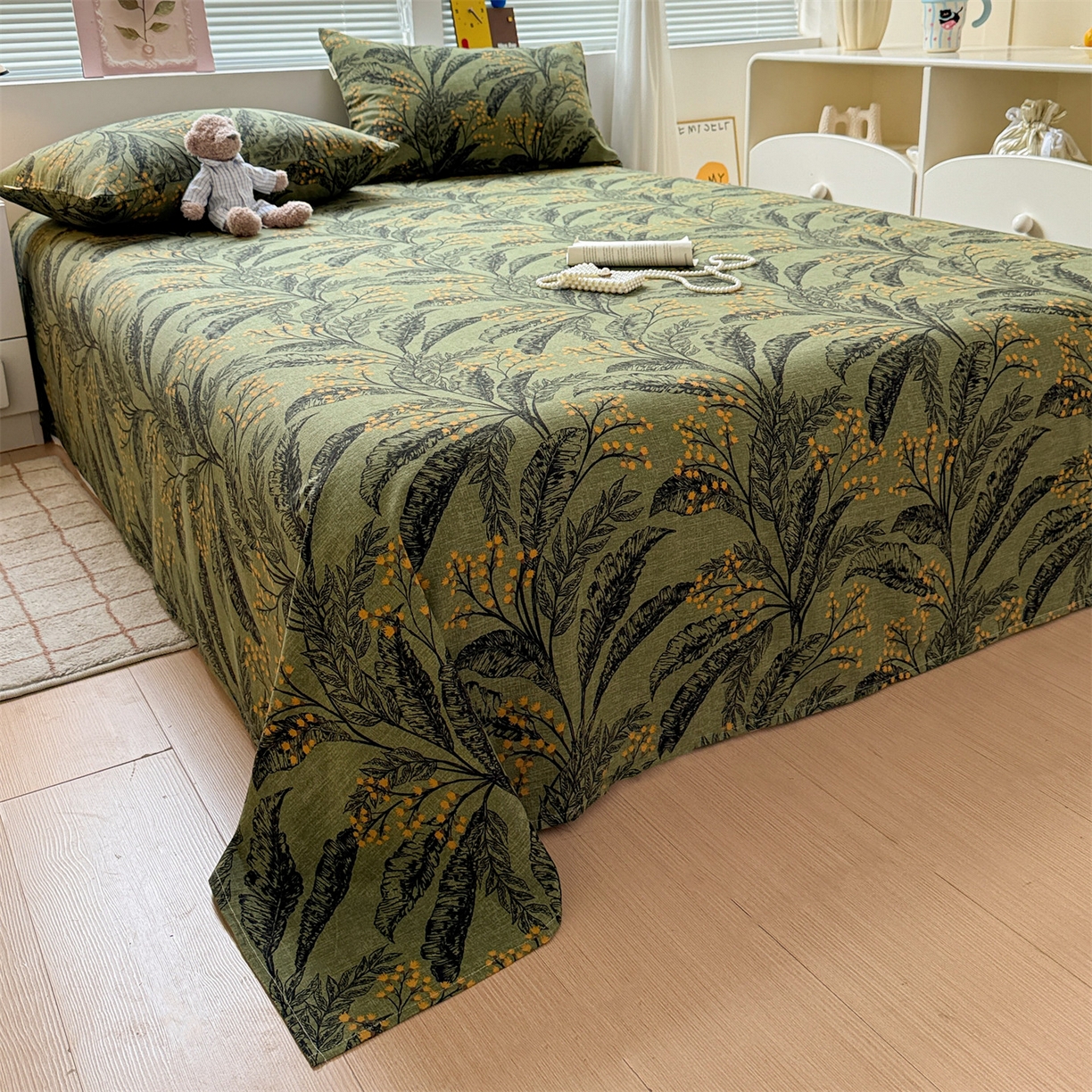 91家纺网 家纺一手货源 找家纺 名兮家居 2025秋冬新款100%全棉纯棉磨毛单床单 床单单件 繁叶流金-绿