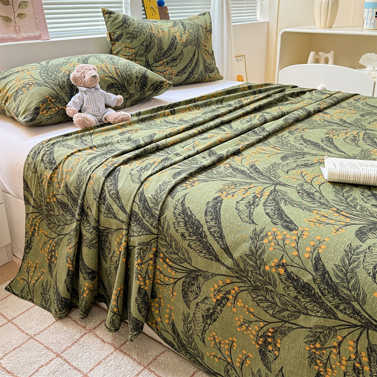 91家纺网 家纺一手货源 找家纺 名兮家居 2025秋冬新款100%全棉纯棉磨毛单床单 床单单件 繁叶流金-绿