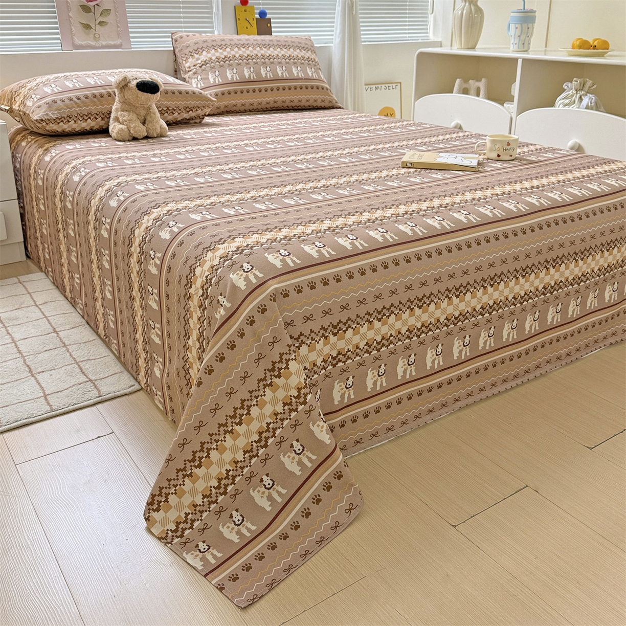 91家纺网 家纺一手货源 找家纺 名兮家居 2025秋冬新款100%全棉纯棉磨毛单床单 床单单件 蝴蝶结小狗-咖