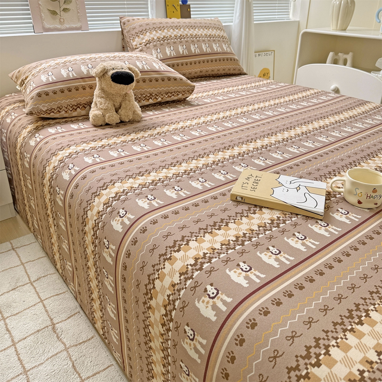 91家纺网 家纺一手货源 找家纺 名兮家居 2025秋冬新款100%全棉纯棉磨毛单床单 床单单件 蝴蝶结小狗-咖