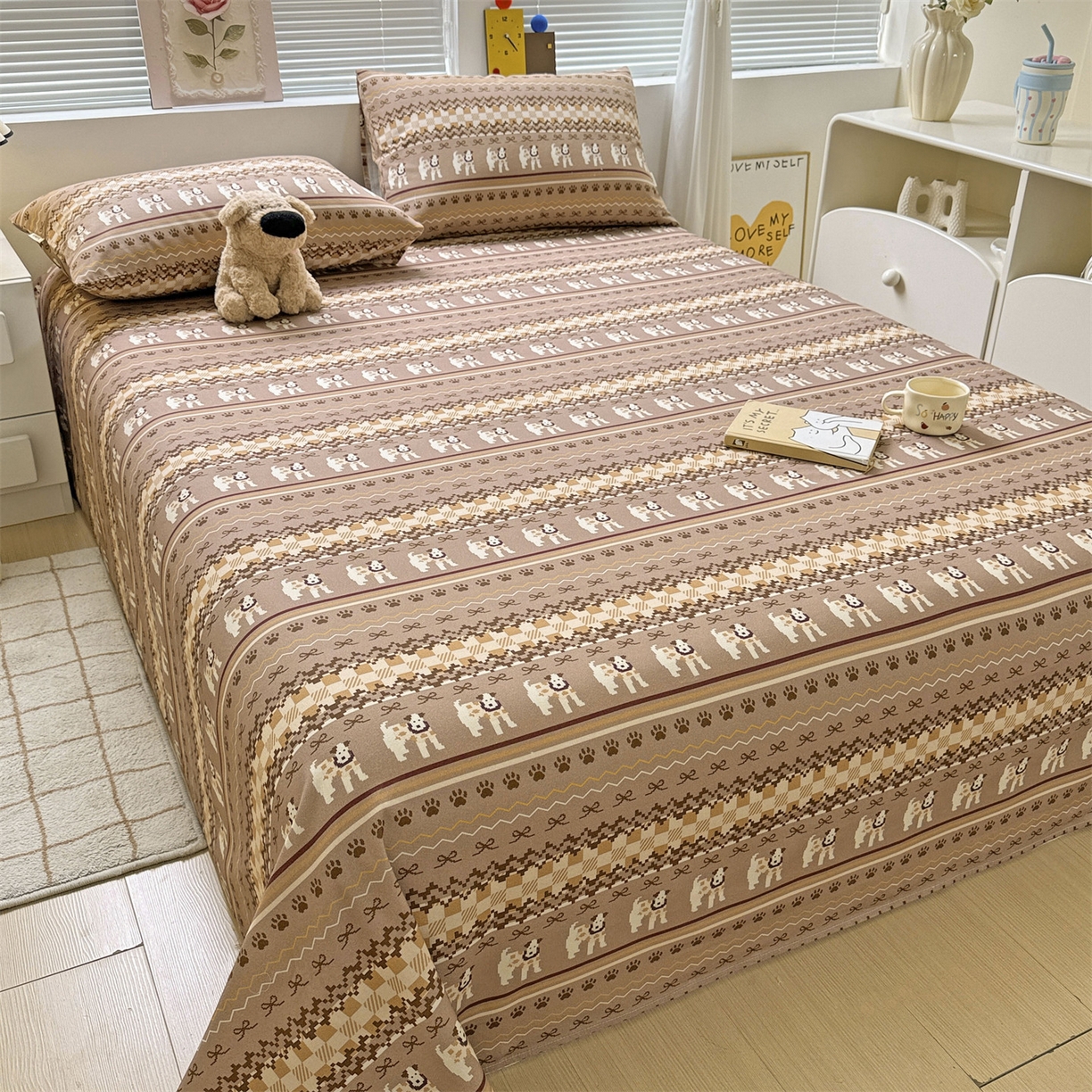 91家纺网 家纺一手货源 找家纺 名兮家居 2025秋冬新款100%全棉纯棉磨毛单床单 床单单件 蝴蝶结小狗-咖