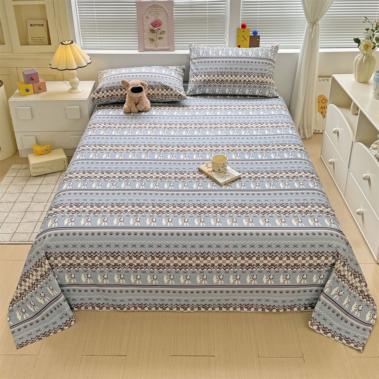 91家纺网 家纺一手货源 找家纺 名兮家居 2025秋冬新款100%全棉纯棉磨毛单床单 床单单件 蝴蝶结小狗-蓝