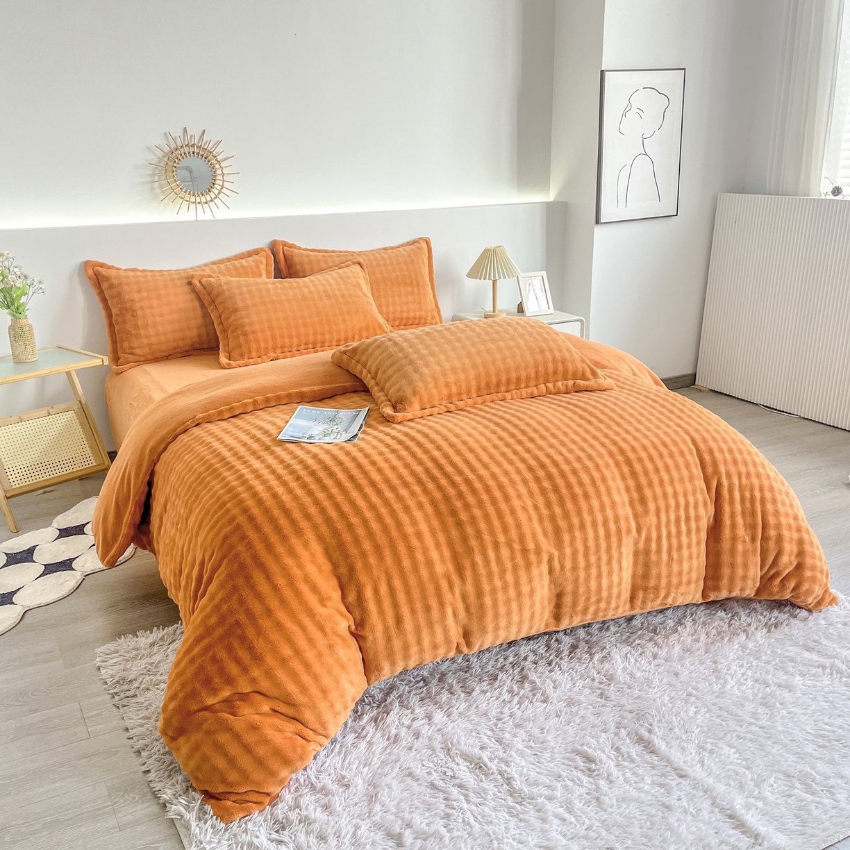 91家纺网 家纺一手货源 找家纺 2025新款全消光皮草绒纯色高克重 四件套——泡泡（赠送拎袋） 橘色