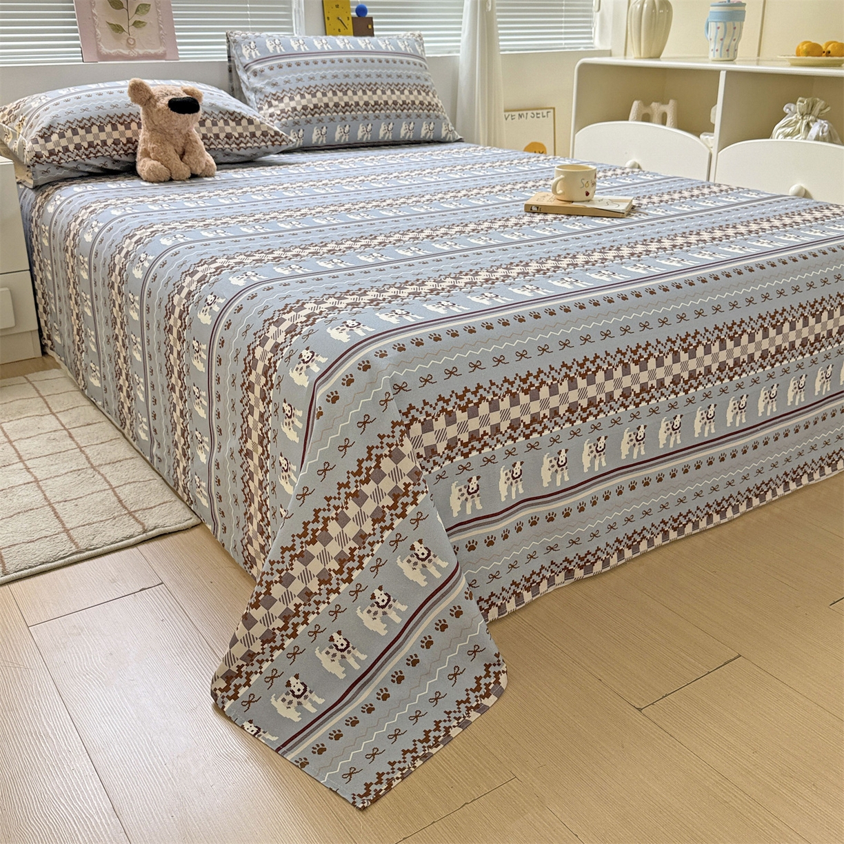 91家纺网 家纺一手货源 找家纺 名兮家居 2025秋冬新款100%全棉纯棉磨毛单床单 床单单件 蝴蝶结小狗-蓝