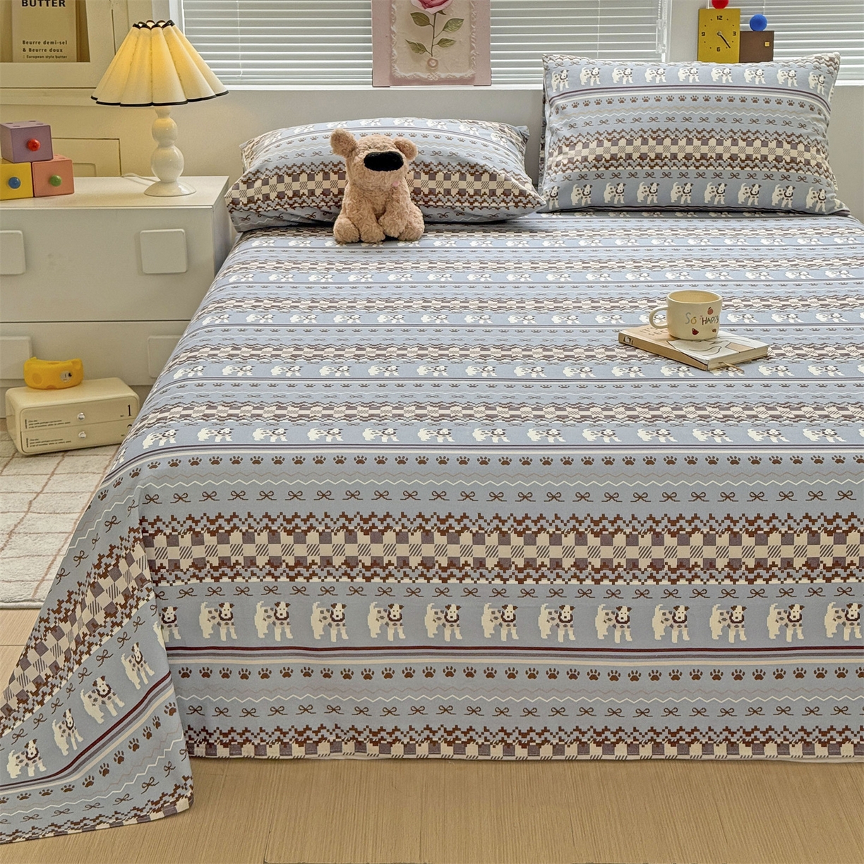 91家纺网 家纺一手货源 找家纺 名兮家居 2025秋冬新款100%全棉纯棉磨毛单床单 床单单件 蝴蝶结小狗-蓝