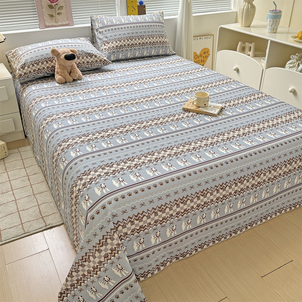 91家纺网 家纺一手货源 找家纺 名兮家居 2025秋冬新款100%全棉纯棉磨毛单床单 床单单件 蝴蝶结小狗-蓝