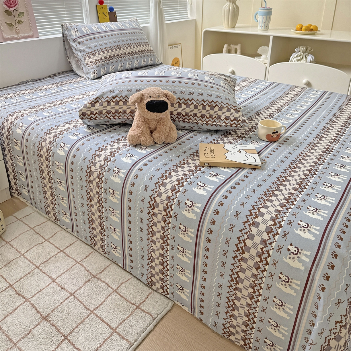 91家纺网 家纺一手货源 找家纺 名兮家居 2025秋冬新款100%全棉纯棉磨毛单床单 床单单件 蝴蝶结小狗-蓝