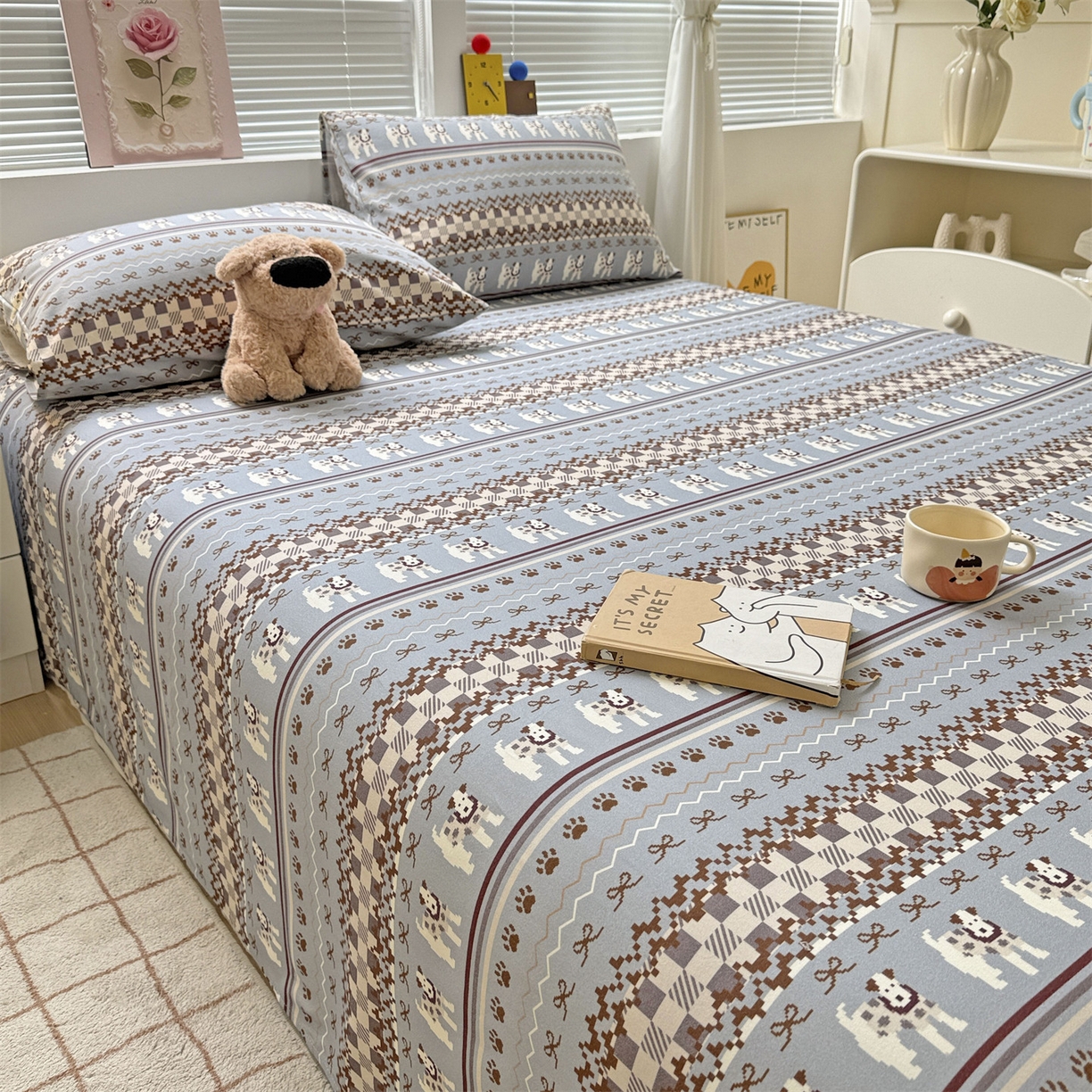 91家纺网 家纺一手货源 找家纺 名兮家居 2025秋冬新款100%全棉纯棉磨毛单床单 床单单件 蝴蝶结小狗-蓝