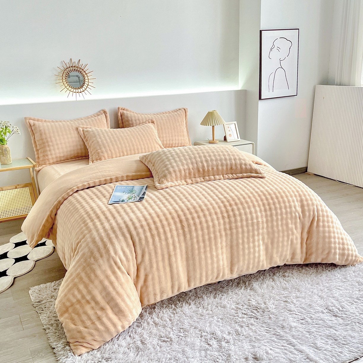 91家纺网 家纺一手货源 找家纺 2025新款全消光皮草绒纯色高克重 四件套——泡泡（赠送拎袋） 米驼