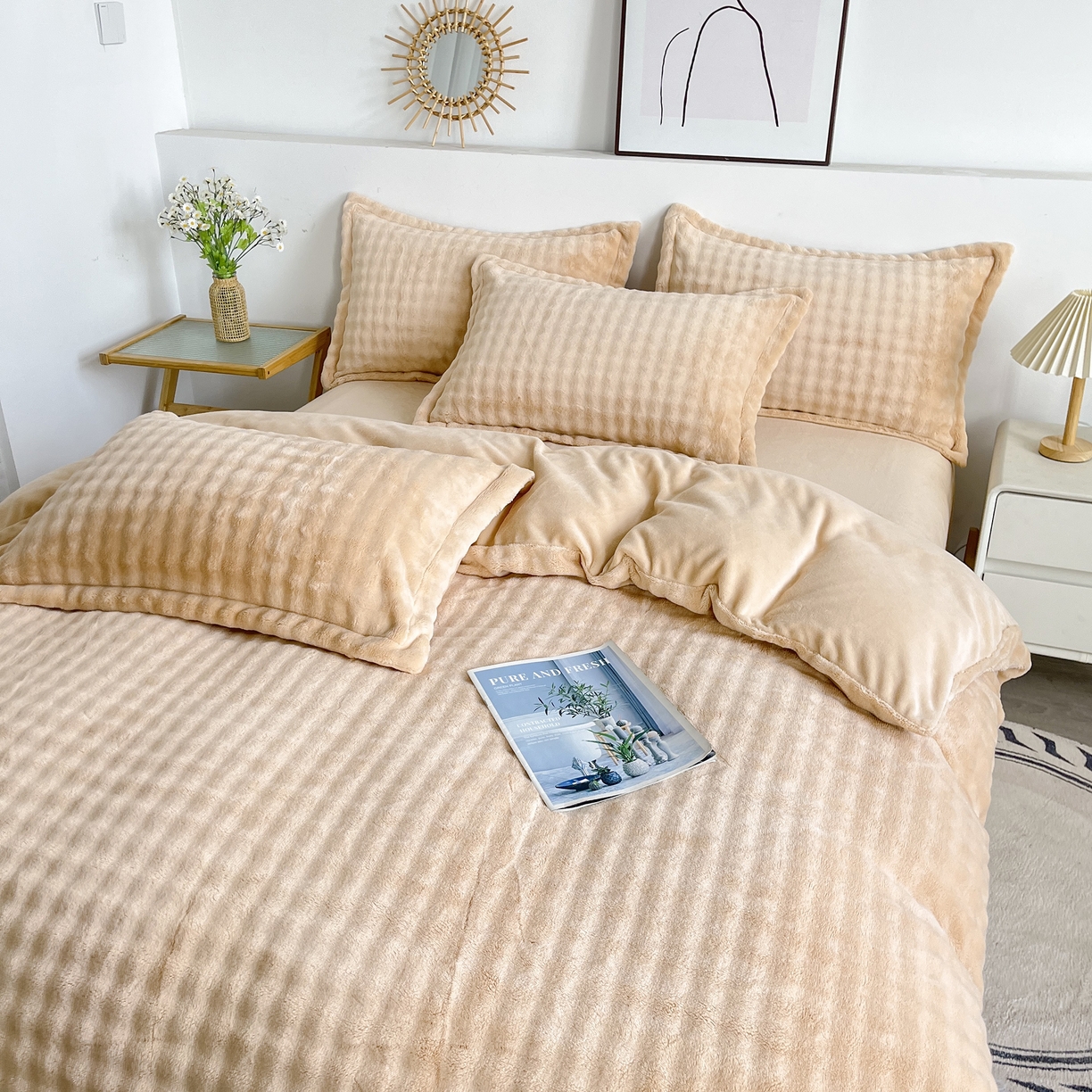 91家纺网 家纺一手货源 找家纺 2025新款全消光皮草绒纯色高克重 四件套——泡泡（赠送拎袋） 米驼