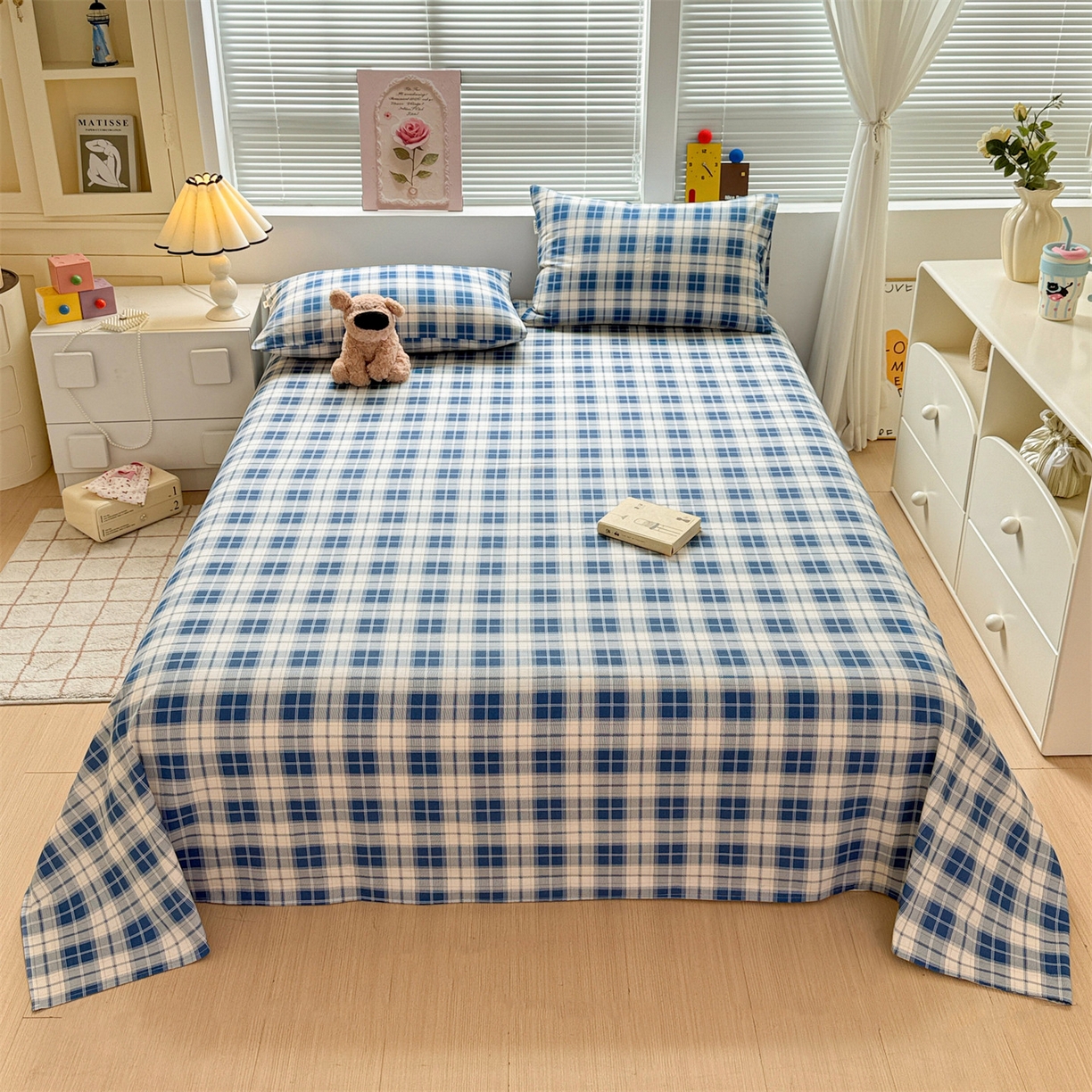 91家纺网 家纺一手货源 找家纺 名兮家居 2025秋冬新款100%全棉纯棉磨毛单床单 床单单件 蓝白格语