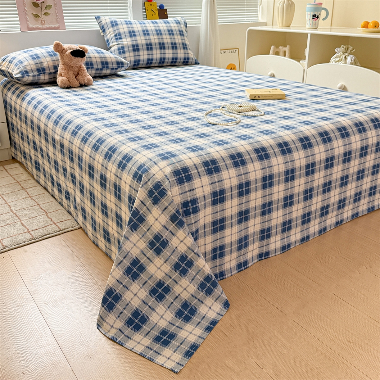 91家纺网 家纺一手货源 找家纺 名兮家居 2025秋冬新款100%全棉纯棉磨毛单床单 床单单件 蓝白格语