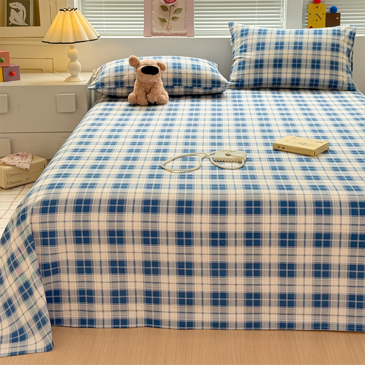 91家纺网 家纺一手货源 找家纺 名兮家居 2025秋冬新款100%全棉纯棉磨毛单床单 床单单件 蓝白格语