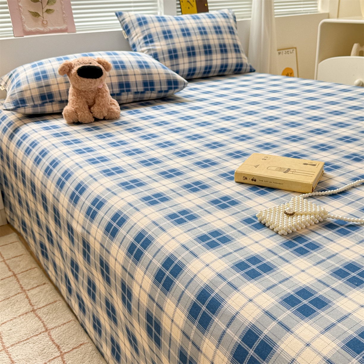 91家纺网 家纺一手货源 找家纺 名兮家居 2025秋冬新款100%全棉纯棉磨毛单床单 床单单件 蓝白格语