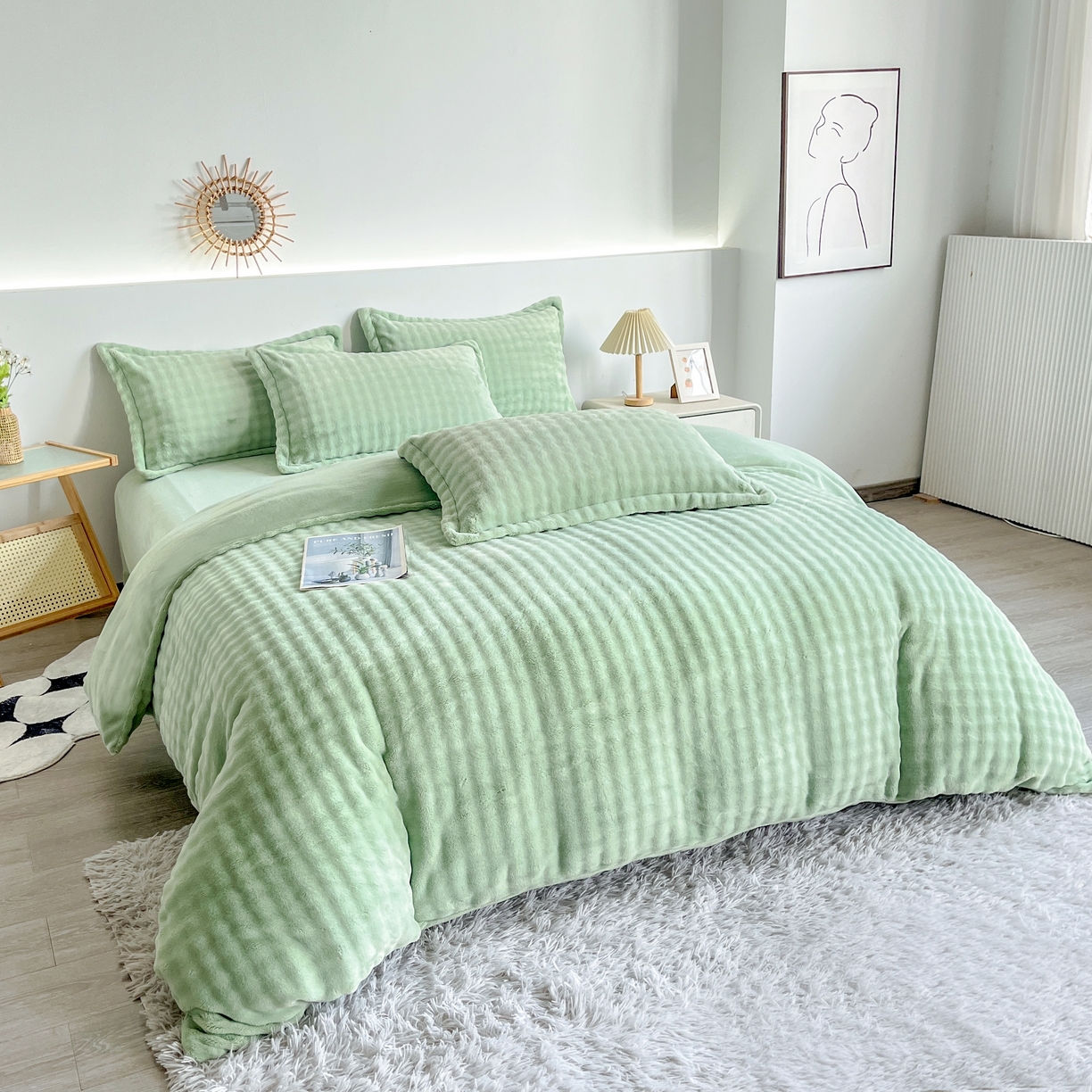 91家纺网 家纺一手货源 找家纺 2025新款全消光皮草绒纯色高克重 四件套——泡泡（赠送拎袋） 抹茶绿