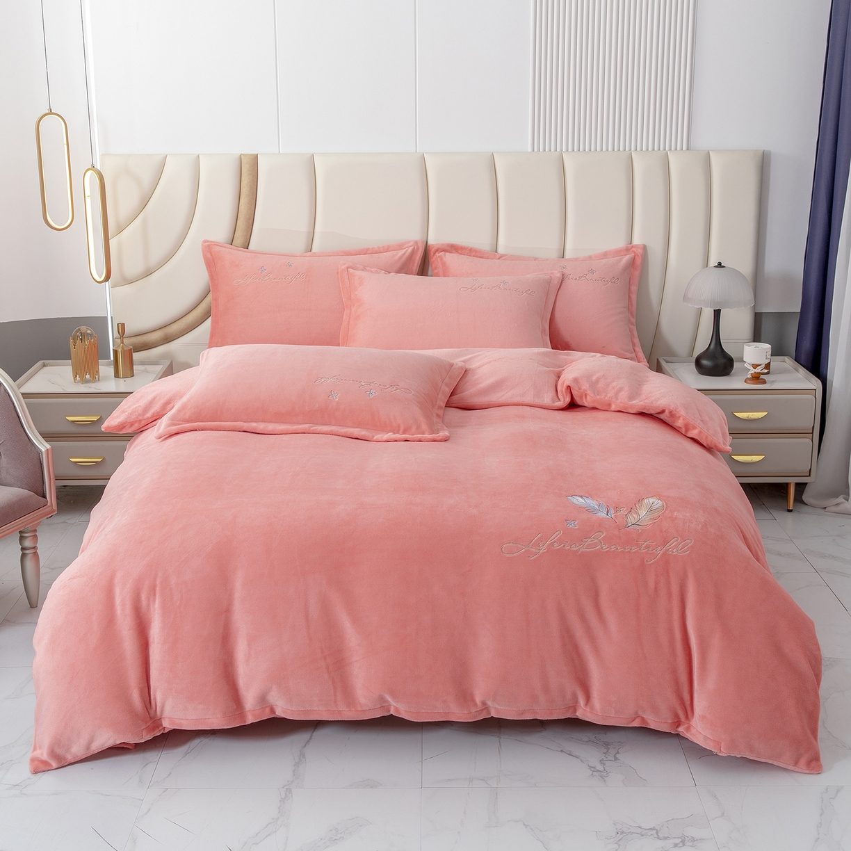 91家纺网 家纺一手货源 找家纺 贝尔 2025新款纯色高克重牛奶绒刺绣四件套-羽魅 羽魅-玉色