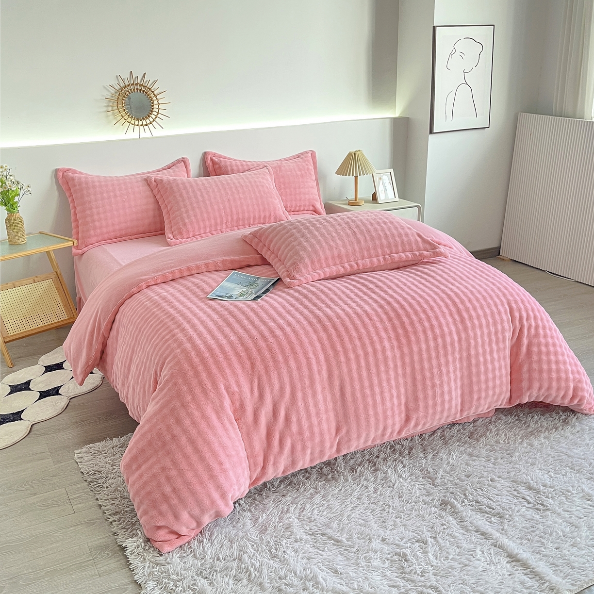 91家纺网 家纺一手货源 找家纺 2025新款全消光皮草绒纯色高克重 四件套——泡泡（赠送拎袋） 仙女粉