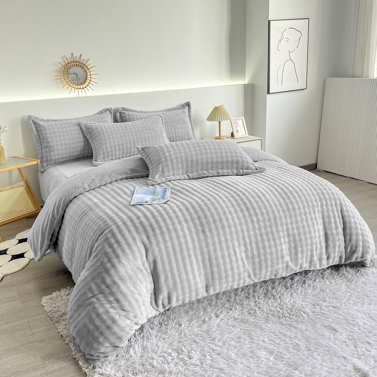 91家纺网 家纺一手货源 找家纺 2025新款全消光皮草绒纯色高克重 四件套——泡泡（赠送拎袋） 银灰