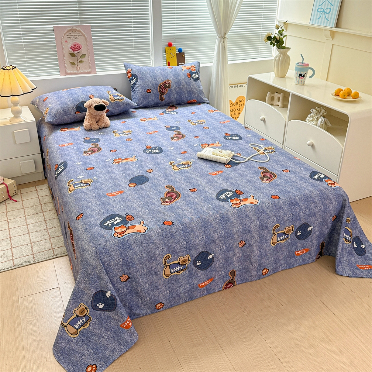 91家纺网 家纺一手货源 找家纺 名兮家居 2025秋冬新款100%全棉纯棉磨毛单床单 床单单件 牛仔猫