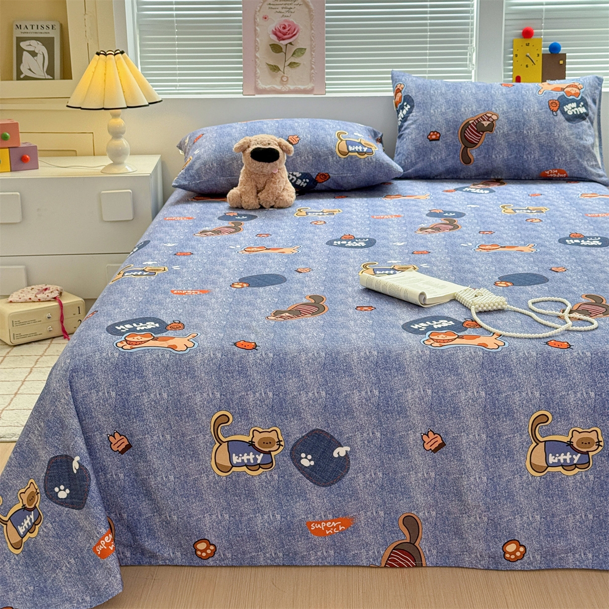 91家纺网 家纺一手货源 找家纺 名兮家居 2025秋冬新款100%全棉纯棉磨毛单床单 床单单件 牛仔猫