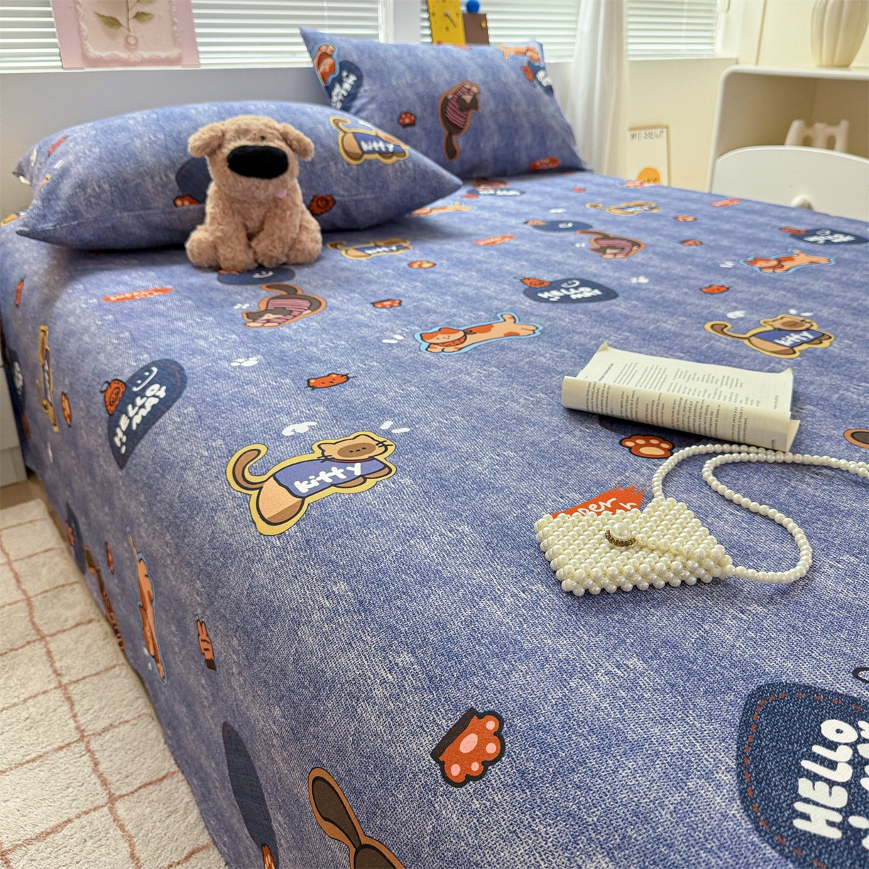 91家纺网 家纺一手货源 找家纺 名兮家居 2025秋冬新款100%全棉纯棉磨毛单床单 床单单件 牛仔猫