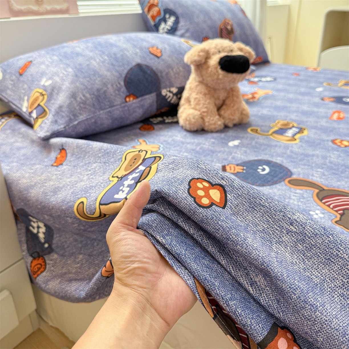 91家纺网 家纺一手货源 找家纺 名兮家居 2025秋冬新款100%全棉纯棉磨毛单床单 床单单件 牛仔猫