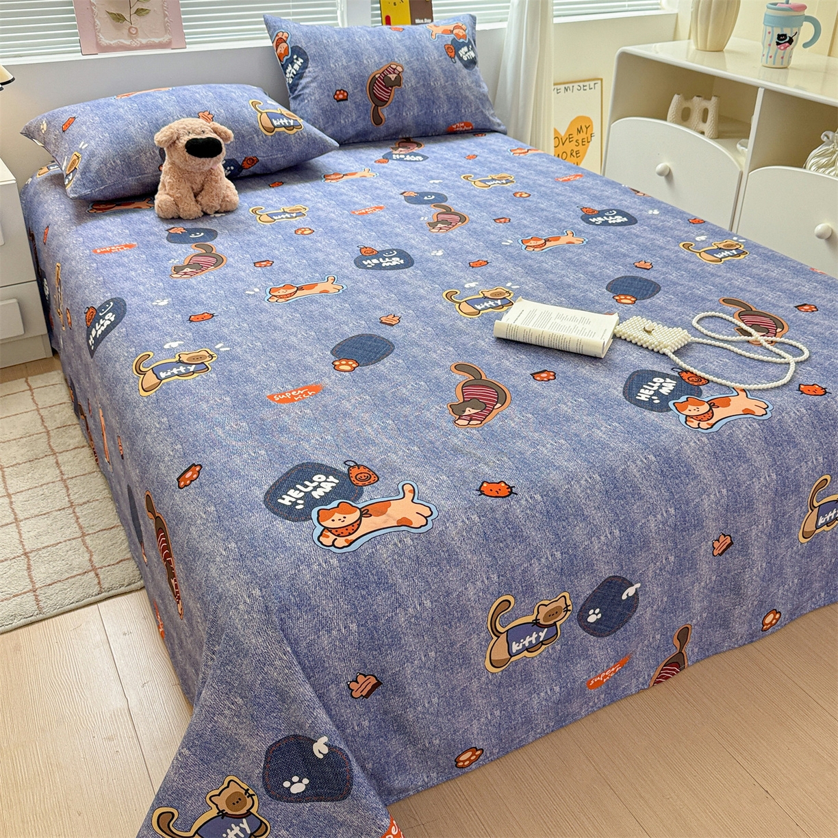 91家纺网 家纺一手货源 找家纺 名兮家居 2025秋冬新款100%全棉纯棉磨毛单床单 床单单件 牛仔猫