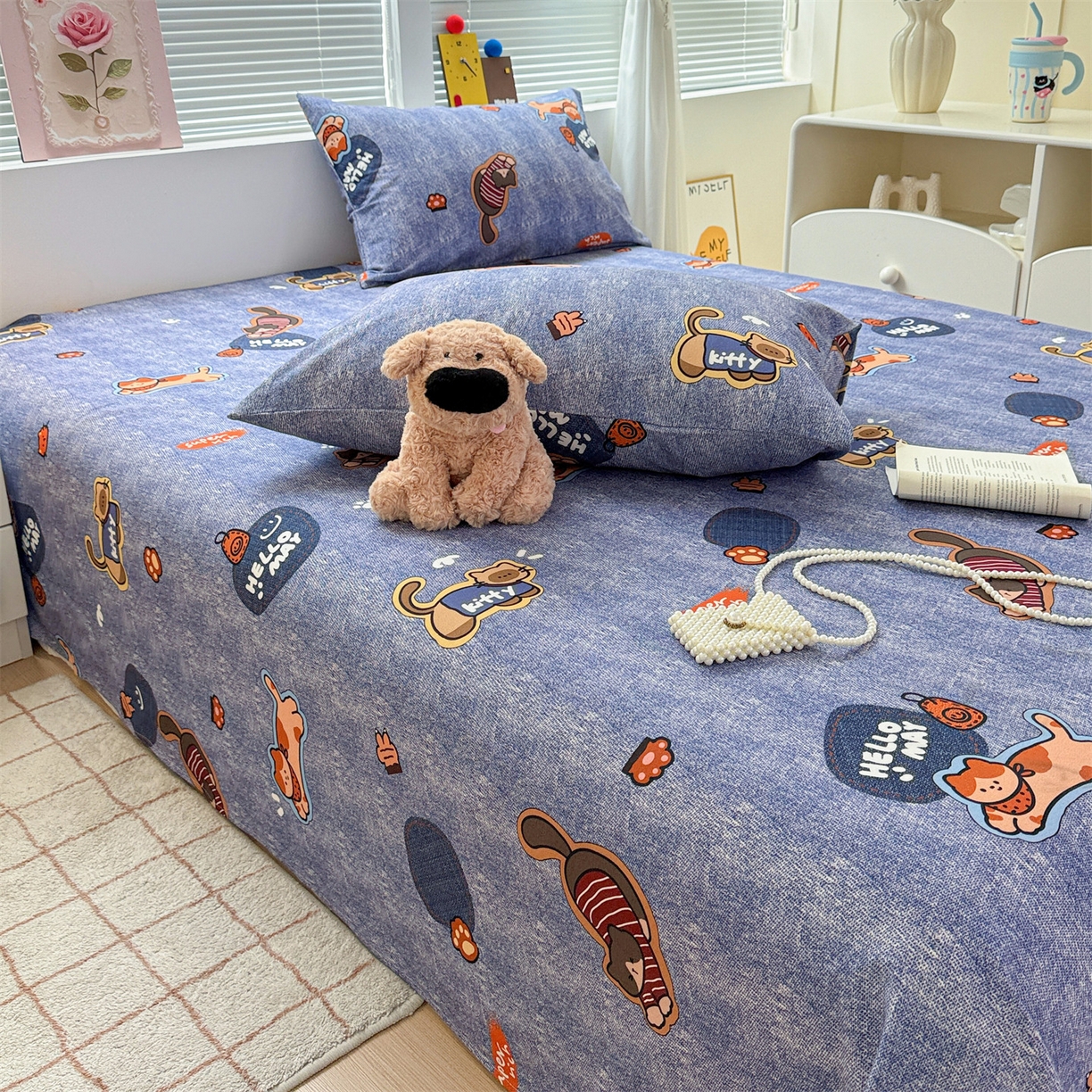 91家纺网 家纺一手货源 找家纺 名兮家居 2025秋冬新款100%全棉纯棉磨毛单床单 床单单件 牛仔猫