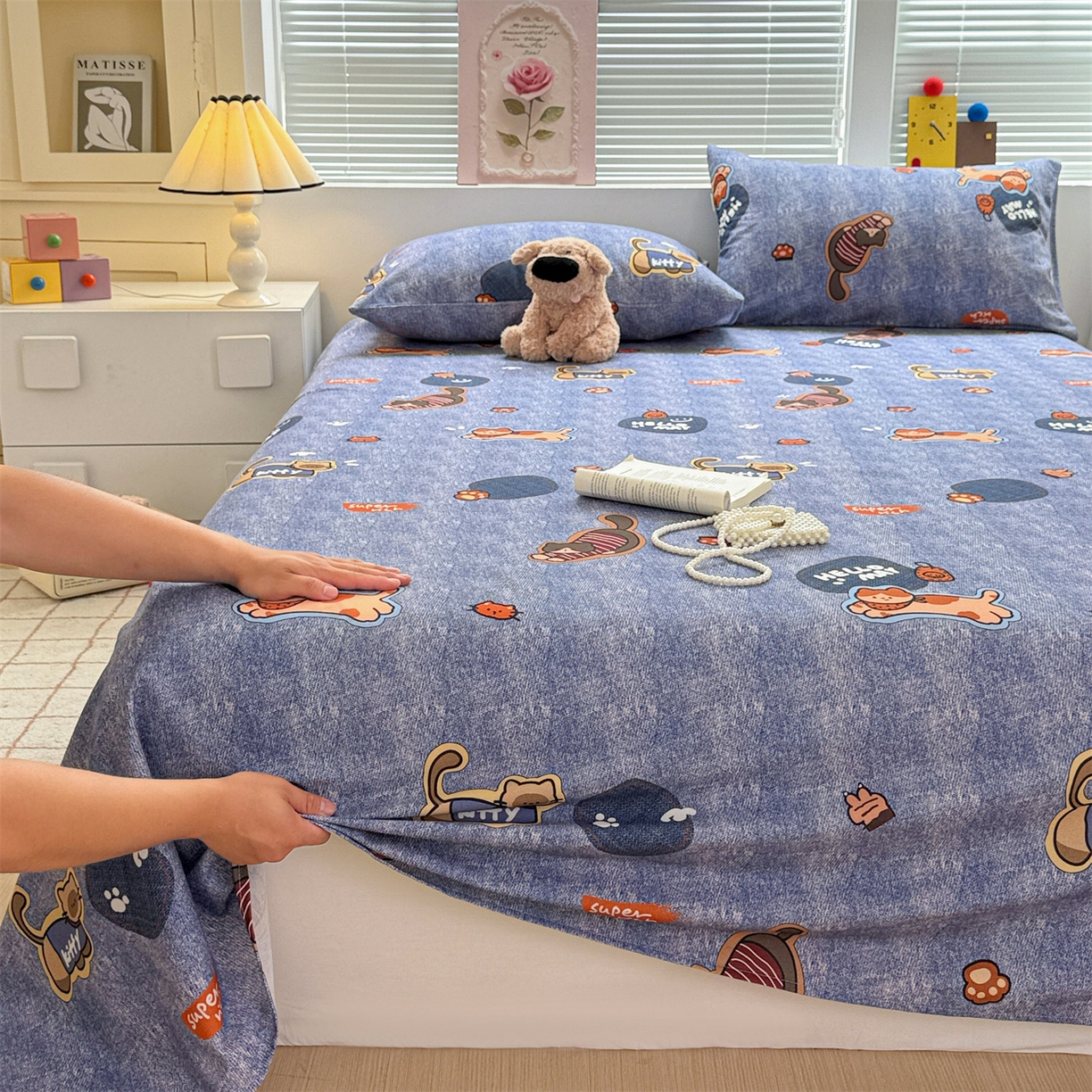 91家纺网 家纺一手货源 找家纺 名兮家居 2025秋冬新款100%全棉纯棉磨毛单床单 床单单件 牛仔猫