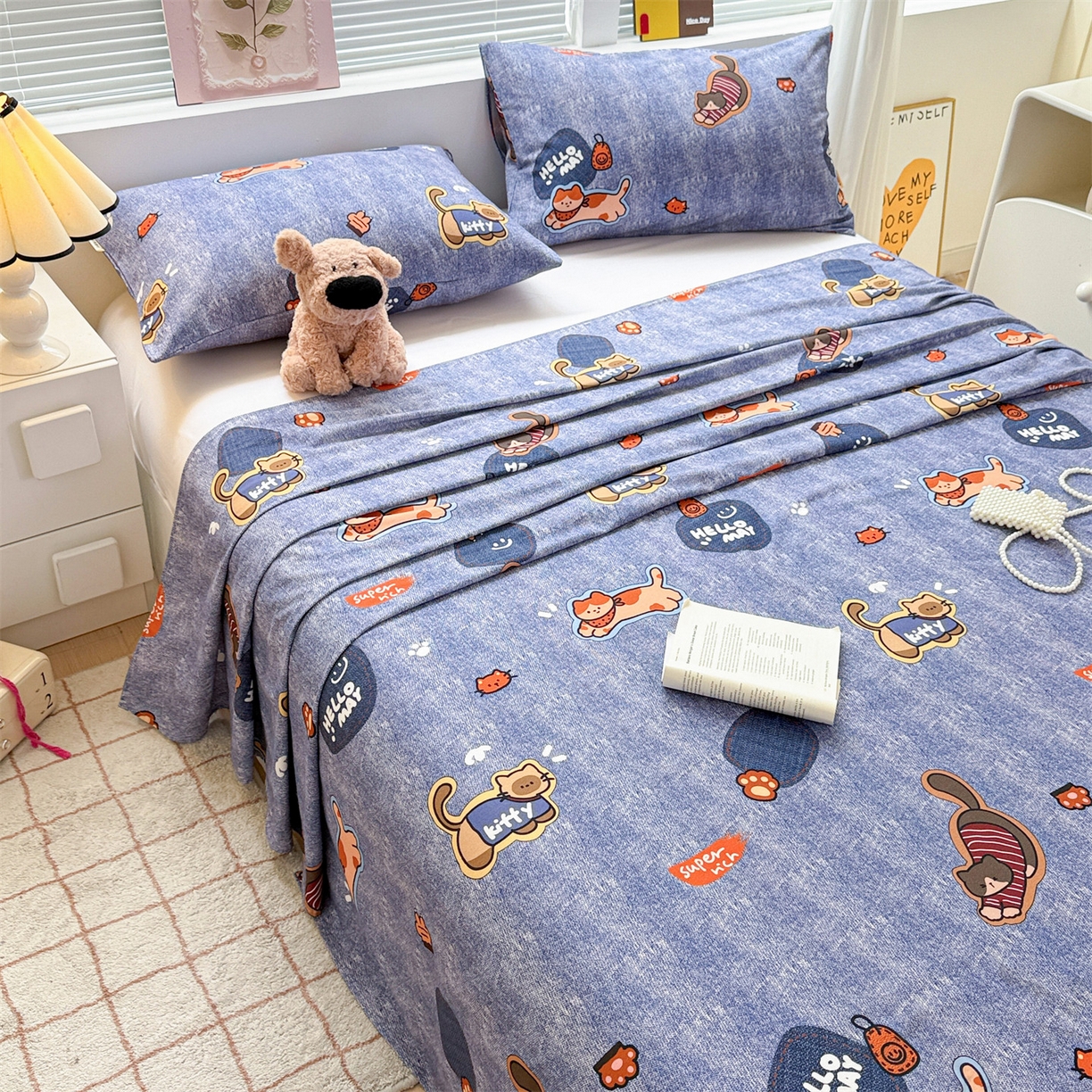 91家纺网 家纺一手货源 找家纺 名兮家居 2025秋冬新款100%全棉纯棉磨毛单床单 床单单件 牛仔猫