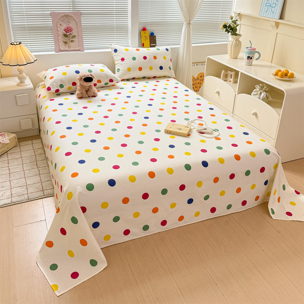 91家纺网 家纺一手货源 找家纺 名兮家居 2025秋冬新款100%全棉纯棉磨毛单床单 床单单件 柔色圆点