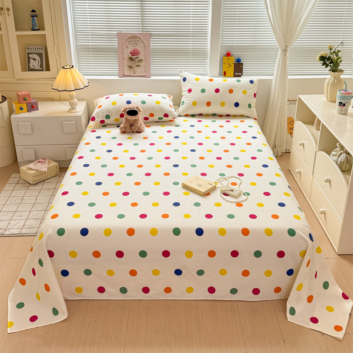 91家纺网 家纺一手货源 找家纺 名兮家居 2025秋冬新款100%全棉纯棉磨毛单床单 床单单件 柔色圆点