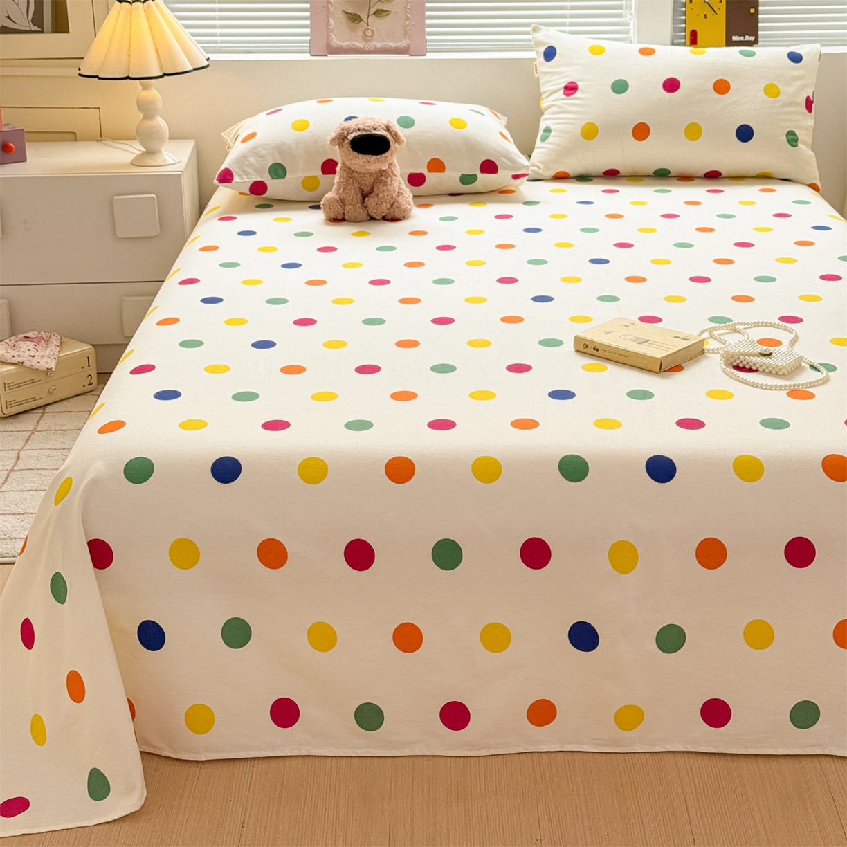 91家纺网 家纺一手货源 找家纺 名兮家居 2025秋冬新款100%全棉纯棉磨毛单床单 床单单件 柔色圆点