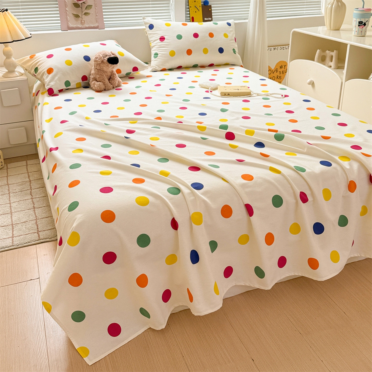 91家纺网 家纺一手货源 找家纺 名兮家居 2025秋冬新款100%全棉纯棉磨毛单床单 床单单件 柔色圆点