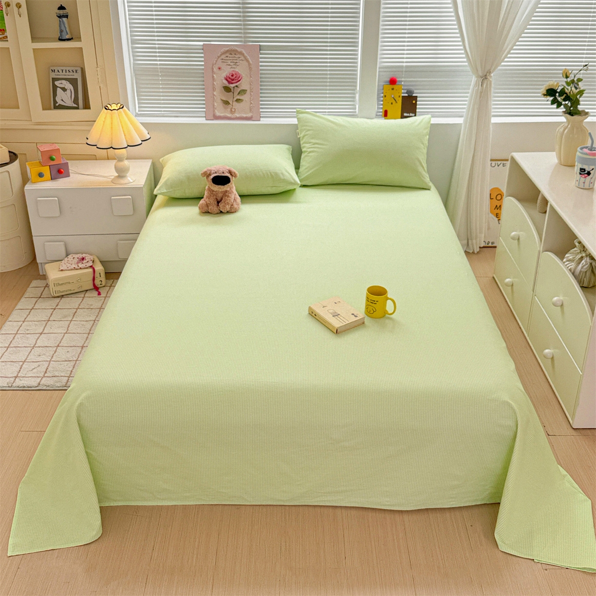 91家纺网 家纺一手货源 找家纺 名兮家居 2025秋冬新款100%全棉纯棉磨毛单床单 床单单件 细条-绿
