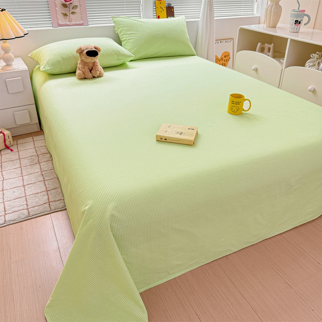 91家纺网 家纺一手货源 找家纺 名兮家居 2025秋冬新款100%全棉纯棉磨毛单床单 床单单件 细条-绿