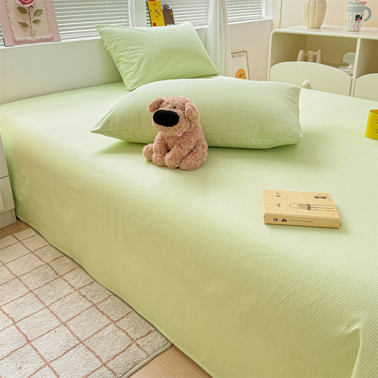 91家纺网 家纺一手货源 找家纺 名兮家居 2025秋冬新款100%全棉纯棉磨毛单床单 床单单件 细条-绿