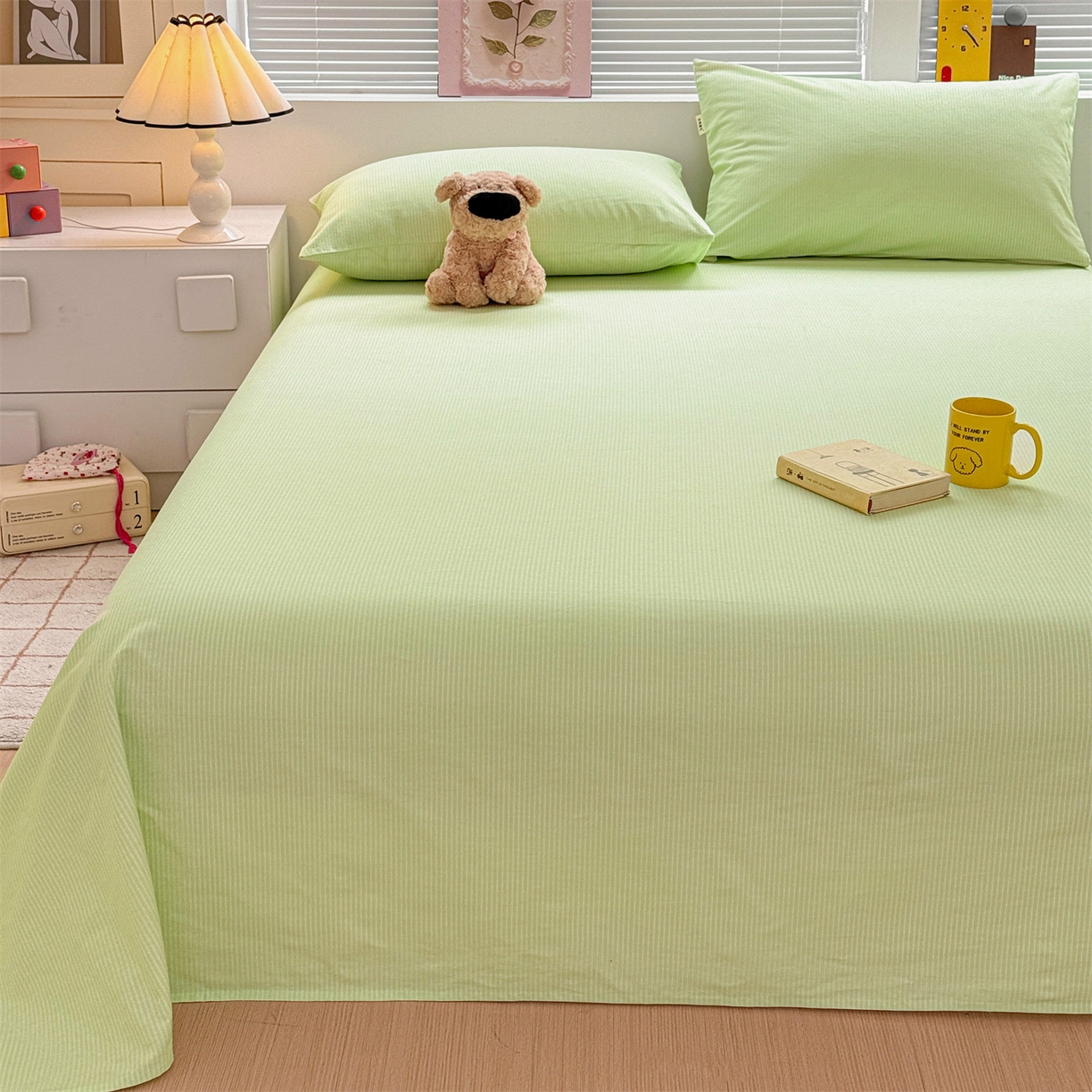 91家纺网 家纺一手货源 找家纺 名兮家居 2025秋冬新款100%全棉纯棉磨毛单床单 床单单件 细条-绿