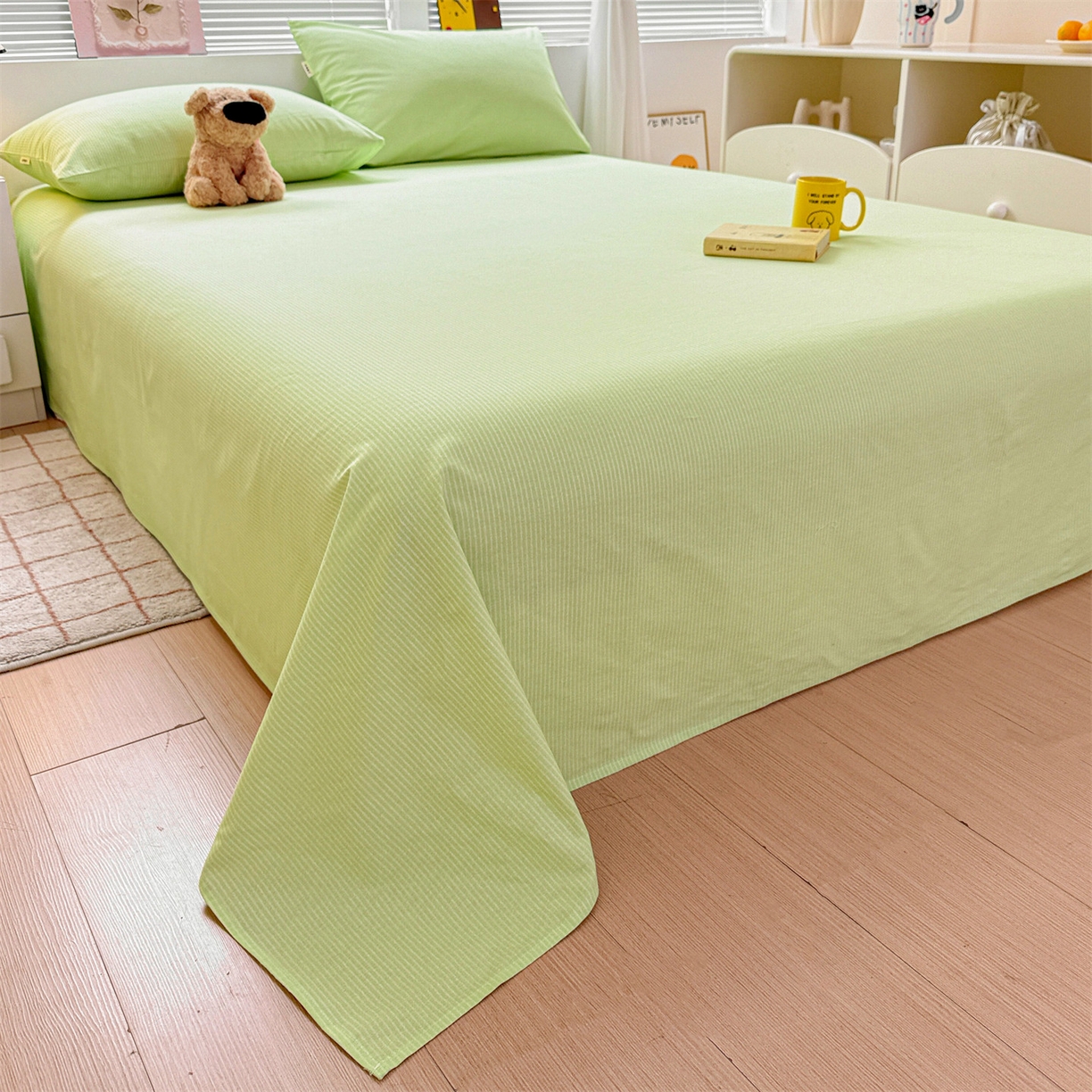 91家纺网 家纺一手货源 找家纺 名兮家居 2025秋冬新款100%全棉纯棉磨毛单床单 床单单件 细条-绿