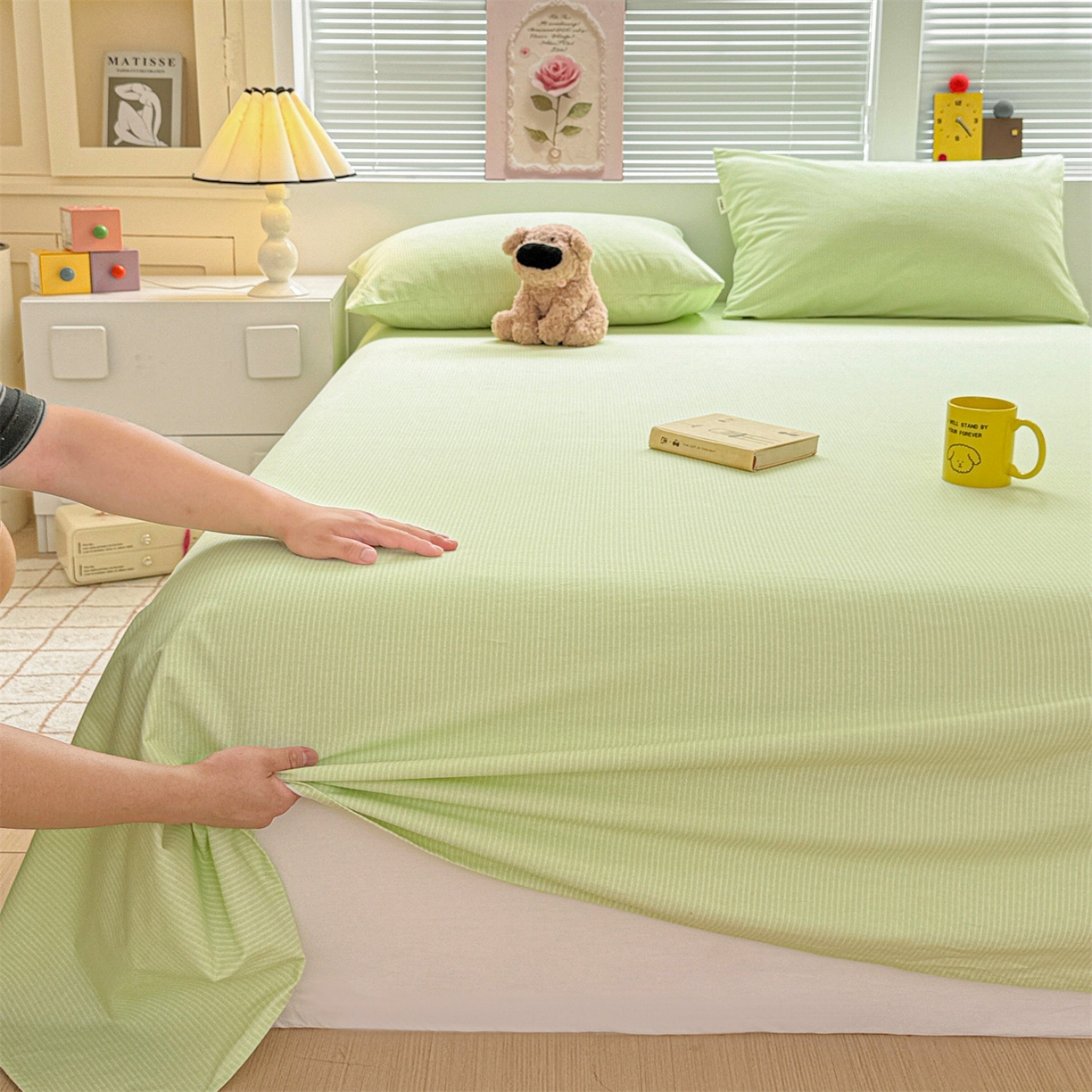 91家纺网 家纺一手货源 找家纺 名兮家居 2025秋冬新款100%全棉纯棉磨毛单床单 床单单件 细条-绿
