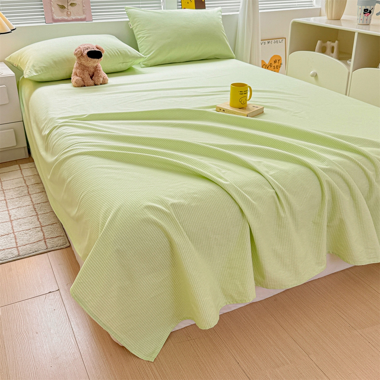 91家纺网 家纺一手货源 找家纺 名兮家居 2025秋冬新款100%全棉纯棉磨毛单床单 床单单件 细条-绿