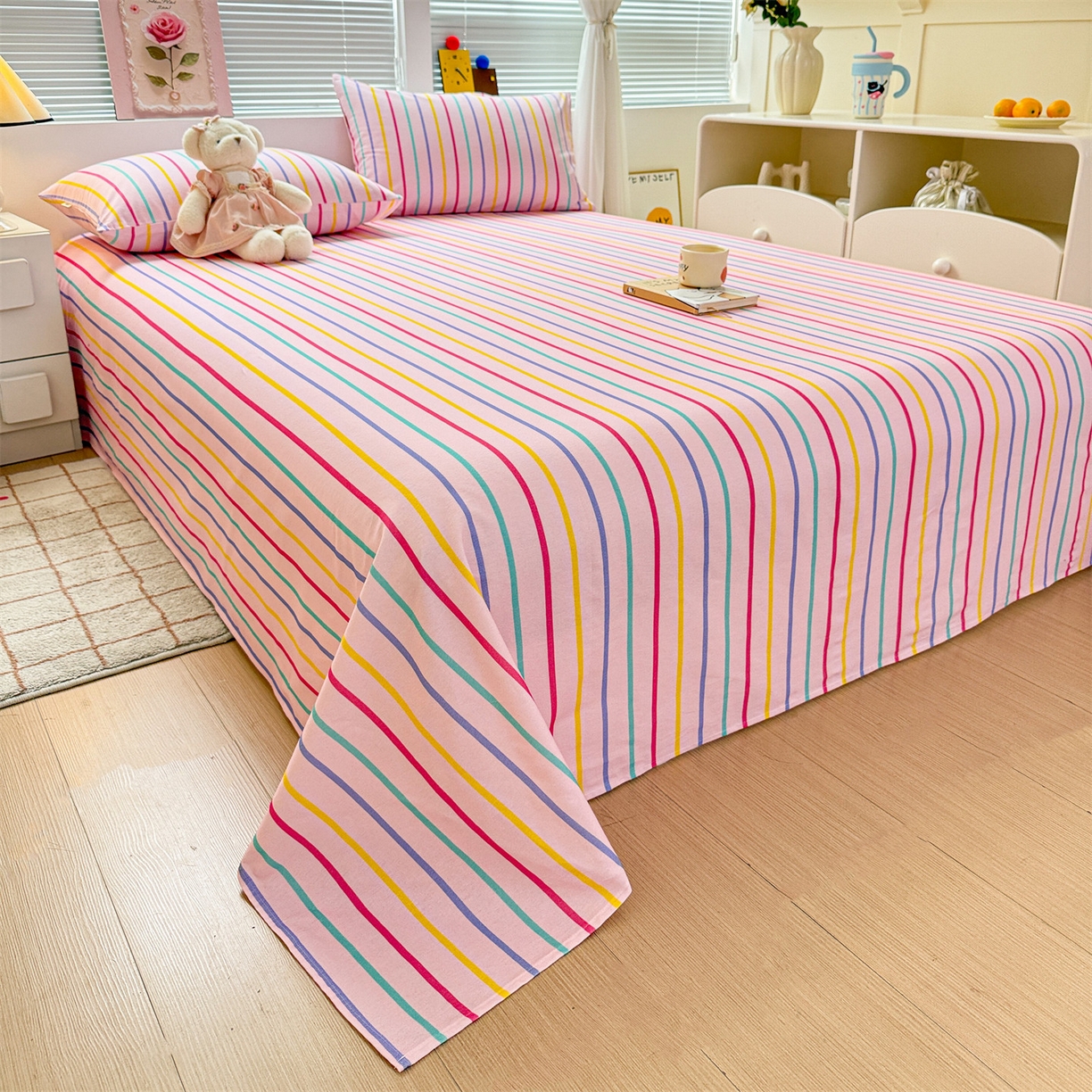 91家纺网 家纺一手货源 找家纺 名兮家居 2025秋冬新款100%全棉纯棉磨毛单床单 床单单件 炫彩条纹