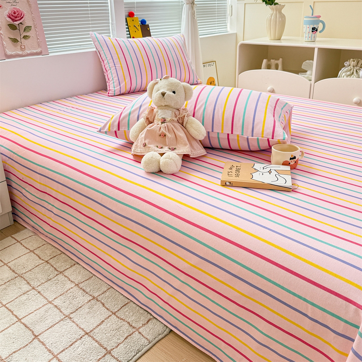 91家纺网 家纺一手货源 找家纺 名兮家居 2025秋冬新款100%全棉纯棉磨毛单床单 床单单件 炫彩条纹