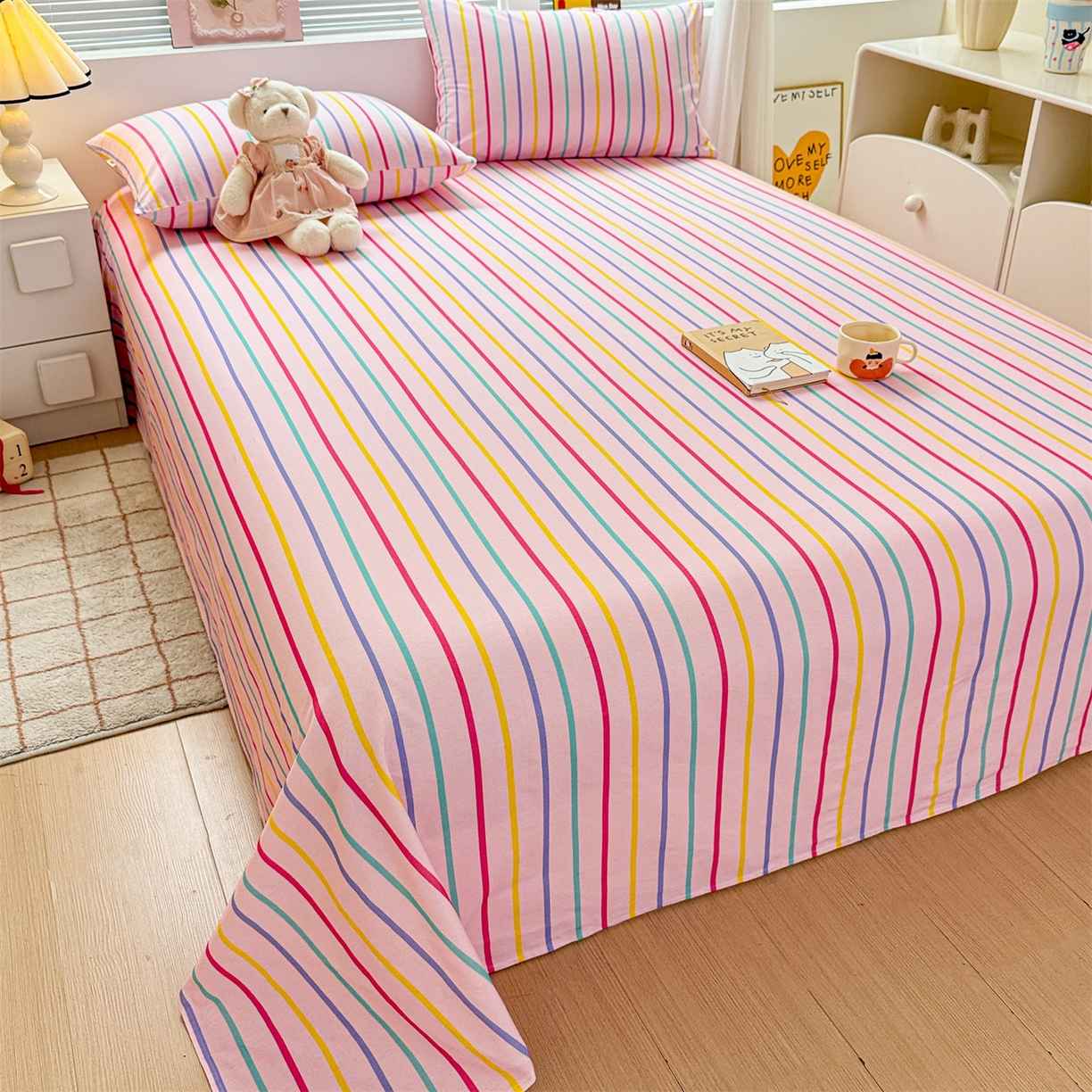 91家纺网 家纺一手货源 找家纺 名兮家居 2025秋冬新款100%全棉纯棉磨毛单床单 床单单件 炫彩条纹