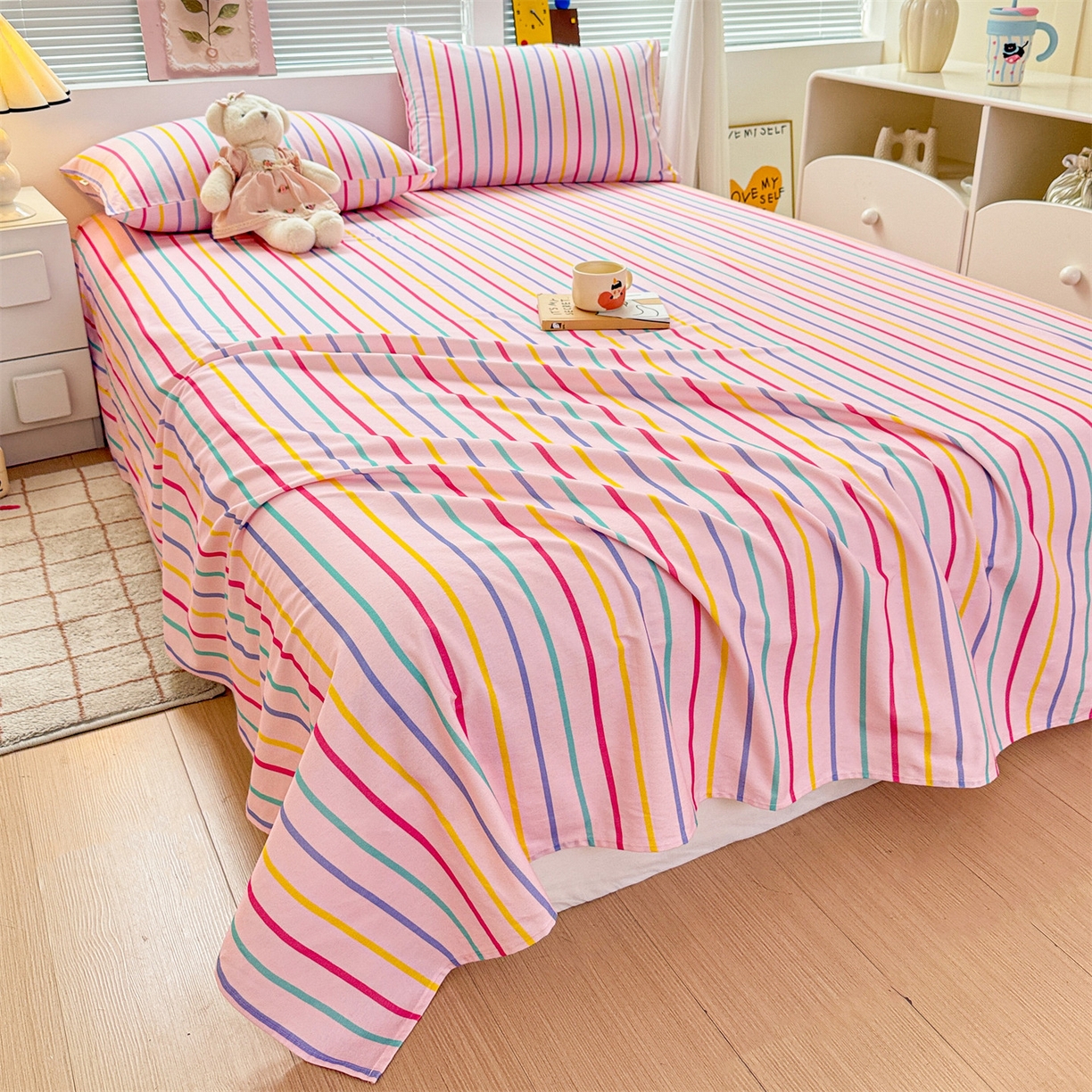 91家纺网 家纺一手货源 找家纺 名兮家居 2025秋冬新款100%全棉纯棉磨毛单床单 床单单件 炫彩条纹