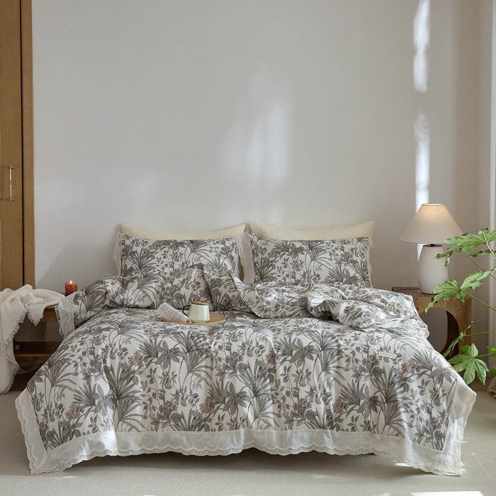 91家纺网 家纺一手货源 找家纺 大彩家居 2025新款全棉纯棉水洗磨毛四件套 棕榈繁影