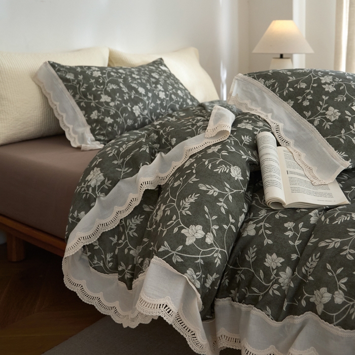 91家纺网 家纺一手货源 找家纺 大彩家居 2025新款全棉纯棉水洗磨毛四件套 灰蔓